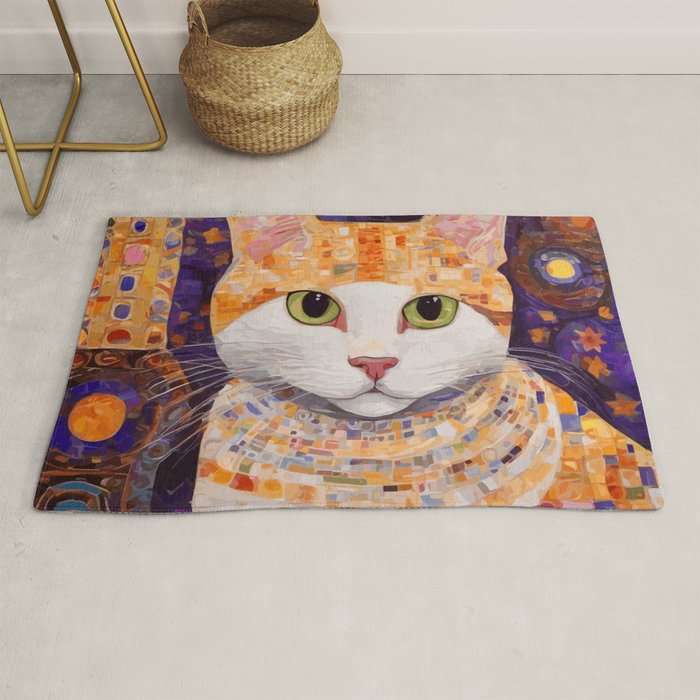 Gustav Klimt Style Tabby Cat Kitten with Green Eyes in a Starry Night Rug Gallery Image 1