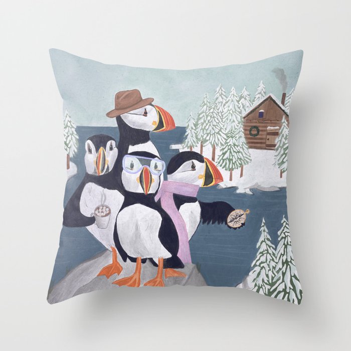 Arctic Puffin Family, Winter Illustration Throw Pillow Gallery Image 6