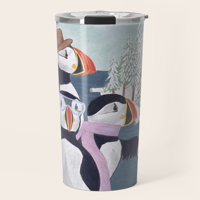Arctic Puffin Family, Winter Illustration Travel Mug Gallery Image 1