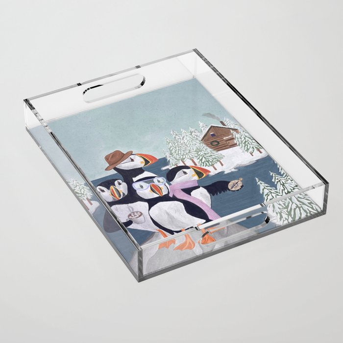 Arctic Puffin Family, Winter Illustration Acrylic Tray Gallery Image 1