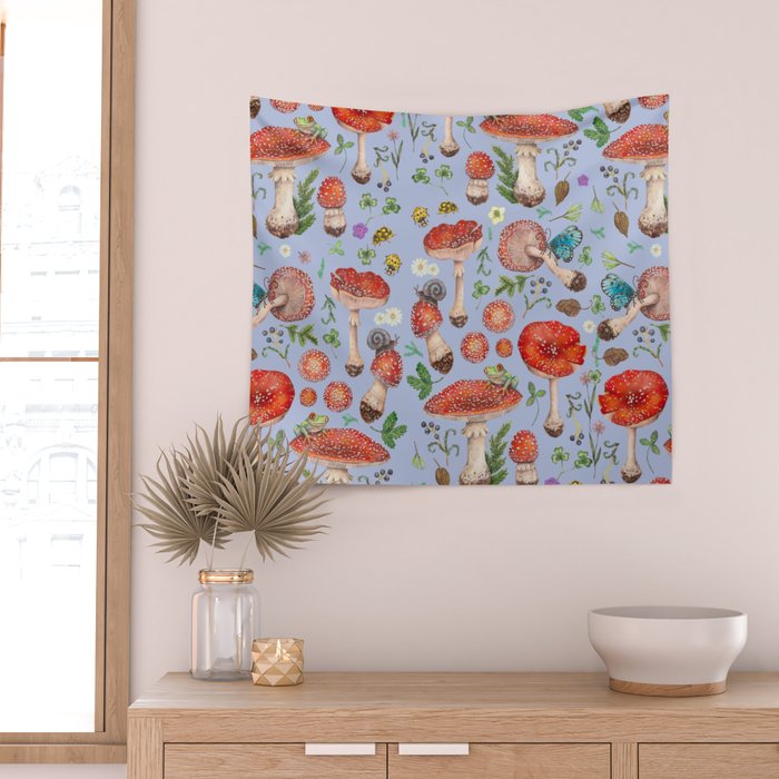 Lovely Red Mushrooms - Bluebg Wall Tapestry Gallery Image 2