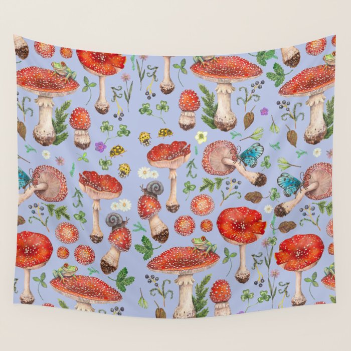 Lovely Red Mushrooms - Bluebg Wall Tapestry Gallery Image 4
