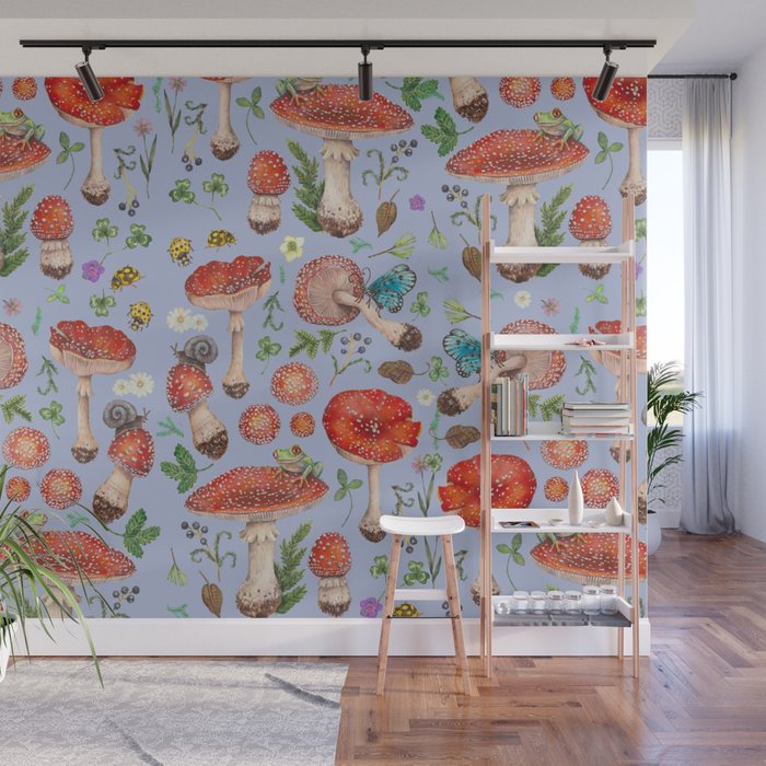 Lovely Red Mushrooms - Bluebg Wall Mural Gallery Image 1