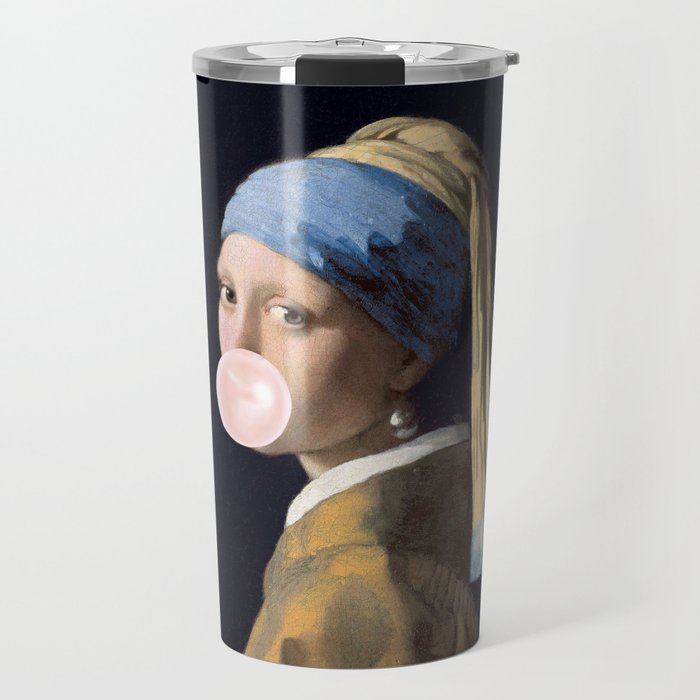 Girl with Pearl Earing Blowing Gum Travel Mug Gallery Image 1