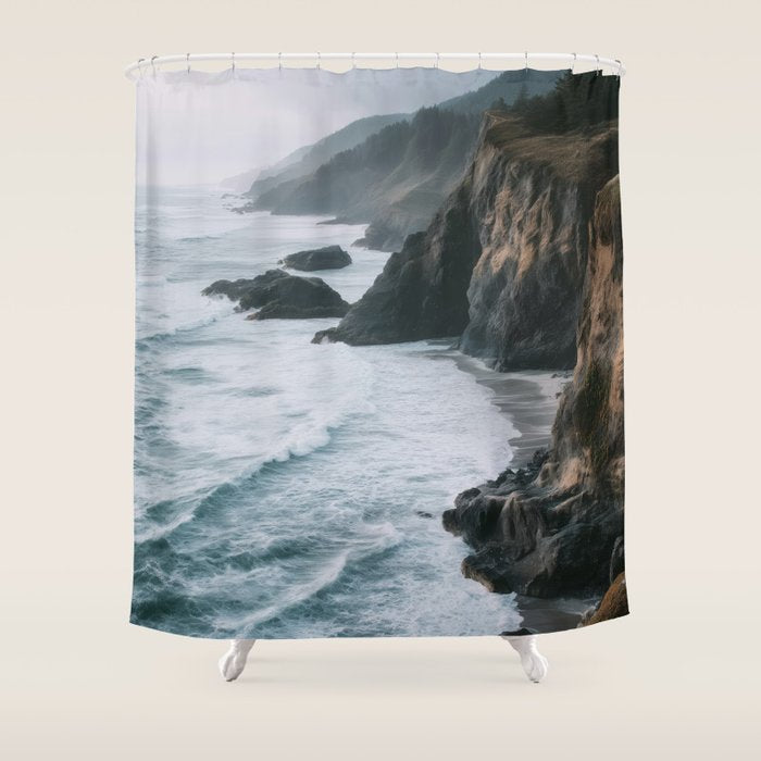 Waves Below Pines - Pacific Northwest Coast Wall Art Shower Curtain Gallery Image 1