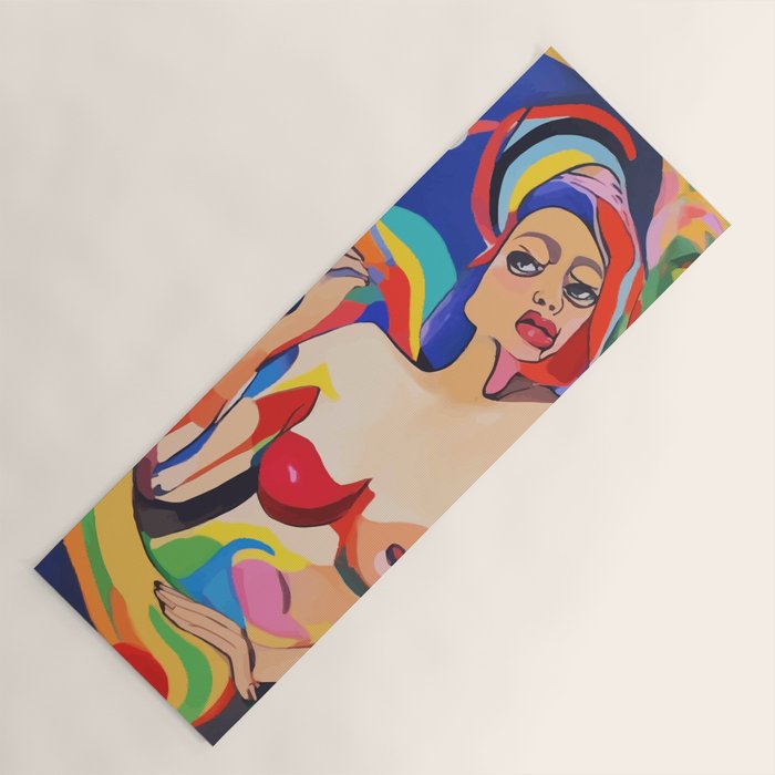 The Feminist, Women Rights Abstract Portrait Eclectic Painting, Modern Bohemian Brown Woman Nude Colorful Yoga Mat Gallery Image 1