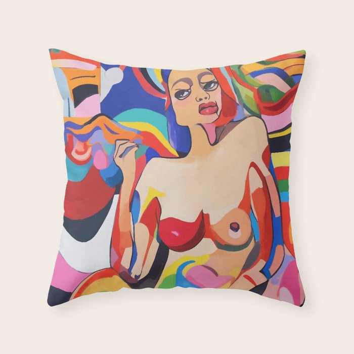 The Feminist, Women Rights Abstract Portrait Eclectic Painting, Modern Bohemian Brown Woman Nude Colorful Throw Pillow Gallery Image 6