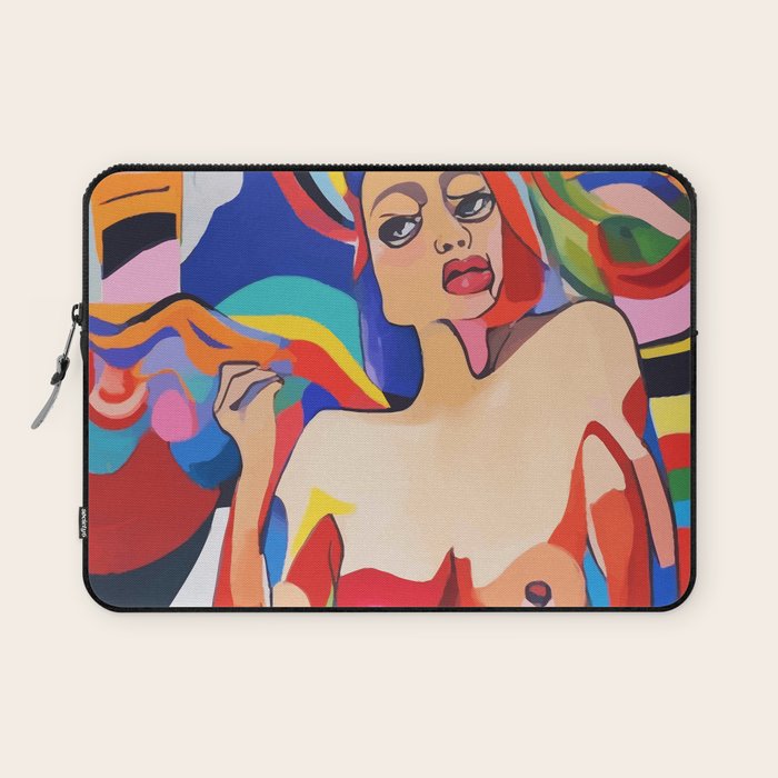 The Feminist, Women Rights Abstract Portrait Eclectic Painting, Modern Bohemian Brown Woman Nude Colorful Laptop Sleeve Gallery Image 1