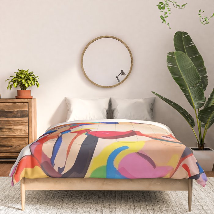 The Feminist, Women Rights Abstract Portrait Eclectic Painting, Modern Bohemian Brown Woman Nude Colorful Comforter Gallery Image 3