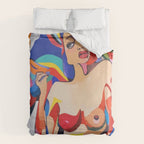 The Feminist, Women Rights Abstract Portrait Eclectic Painting, Modern Bohemian Brown Woman Nude Colorful Duvet Cover Gallery Image 6