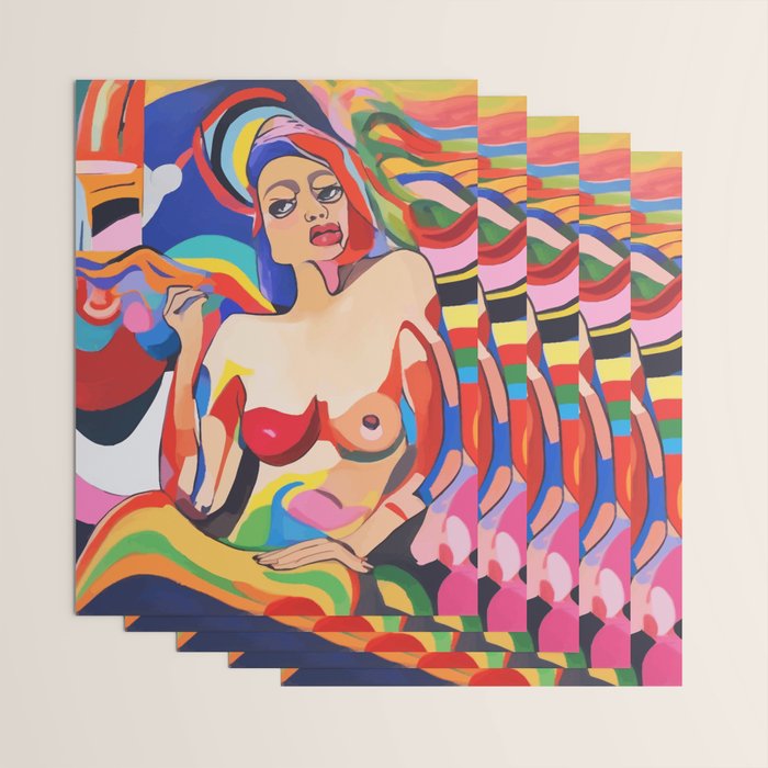 The Feminist, Women Rights Abstract Portrait Eclectic Painting, Modern Bohemian Brown Woman Nude Colorful Wrapping Paper Gallery Image 3