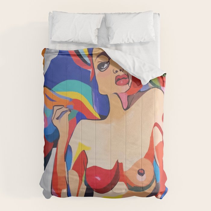 The Feminist, Women Rights Abstract Portrait Eclectic Painting, Modern Bohemian Brown Woman Nude Colorful Comforter Gallery Image 6