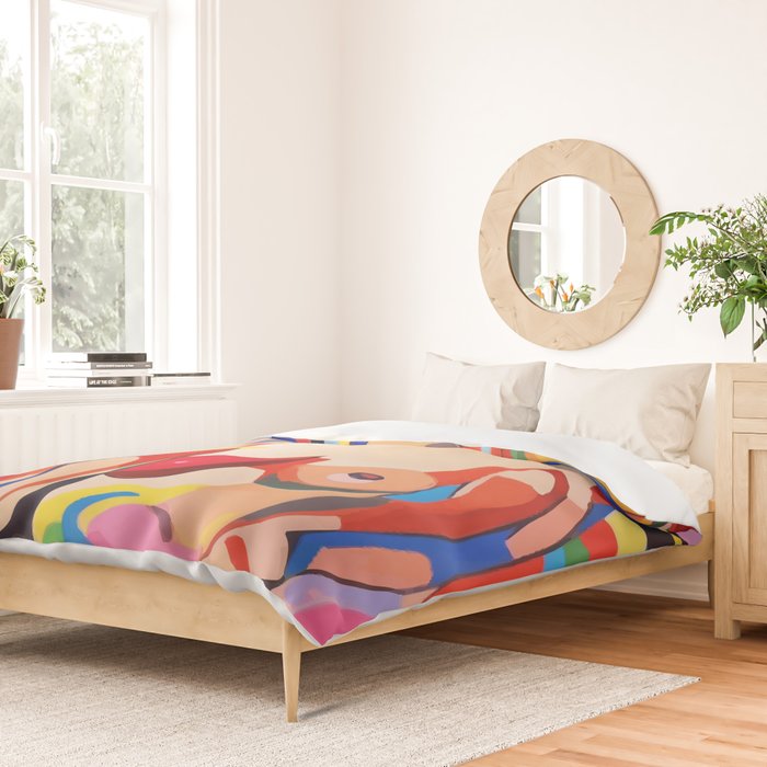 The Feminist, Women Rights Abstract Portrait Eclectic Painting, Modern Bohemian Brown Woman Nude Colorful Duvet Cover Gallery Image 2