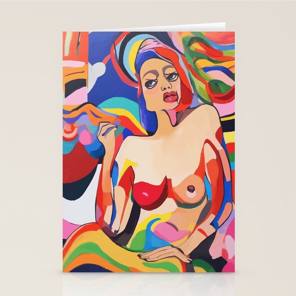 The Feminist, Women Rights Abstract Portrait Eclectic Painting, Modern Bohemian Brown Woman Nude Colorful Stationery Card Gallery Image 1