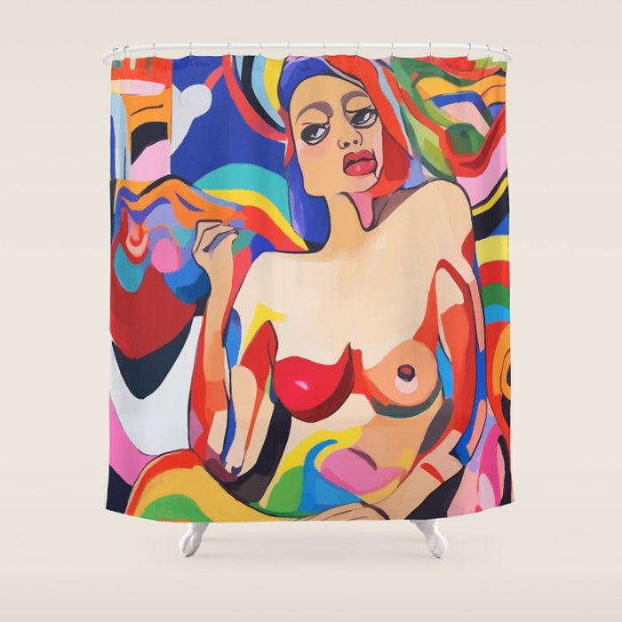 The Feminist, Women Rights Abstract Portrait Eclectic Painting, Modern Bohemian Brown Woman Nude Colorful Shower Curtain Gallery Image 1