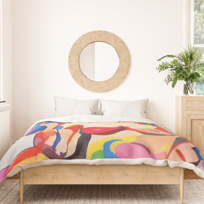 The Feminist, Women Rights Abstract Portrait Eclectic Painting, Modern Bohemian Brown Woman Nude Colorful Duvet Cover Gallery Image 3