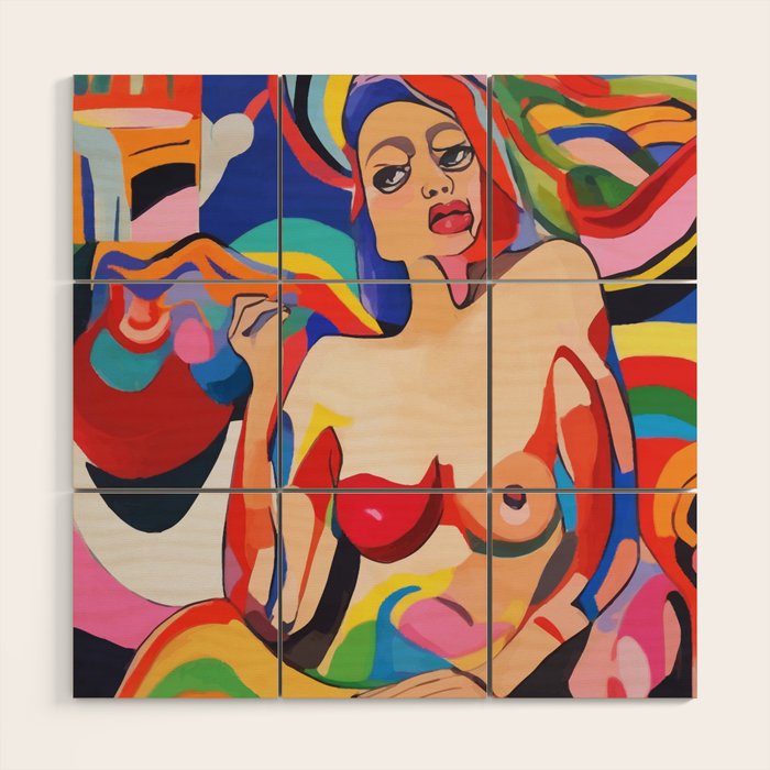 The Feminist, Women Rights Abstract Portrait Eclectic Painting, Modern Bohemian Brown Woman Nude Colorful Wood Wall Art Gallery Image 1