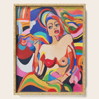 The Feminist, Women Rights Abstract Portrait Eclectic Painting, Modern Bohemian Brown Woman Nude Colorful Serving Tray Gallery Image 1