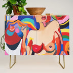 The Feminist, Women Rights Abstract Portrait Eclectic Painting, Modern Bohemian Brown Woman Nude Colorful Credenza Gallery Image 1