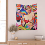 The Feminist, Women Rights Abstract Portrait Eclectic Painting, Modern Bohemian Brown Woman Nude Colorful Wall Tapestry Gallery Image 2