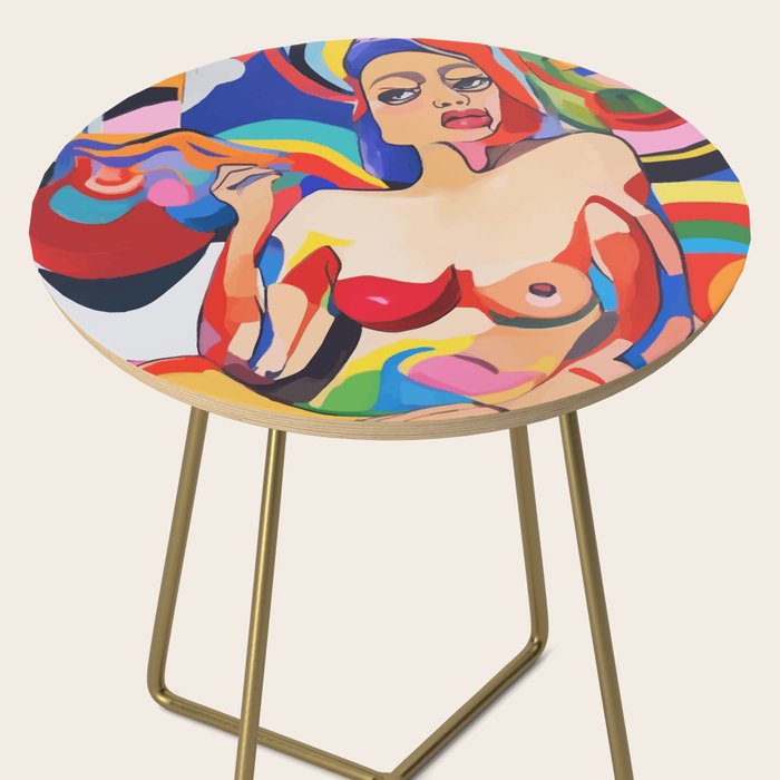 The Feminist, Women Rights Abstract Portrait Eclectic Painting, Modern Bohemian Brown Woman Nude Colorful Side Table Gallery Image 2