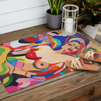 The Feminist, Women Rights Abstract Portrait Eclectic Painting, Modern Bohemian Brown Woman Nude Colorful Outdoor Rug Gallery Image 2