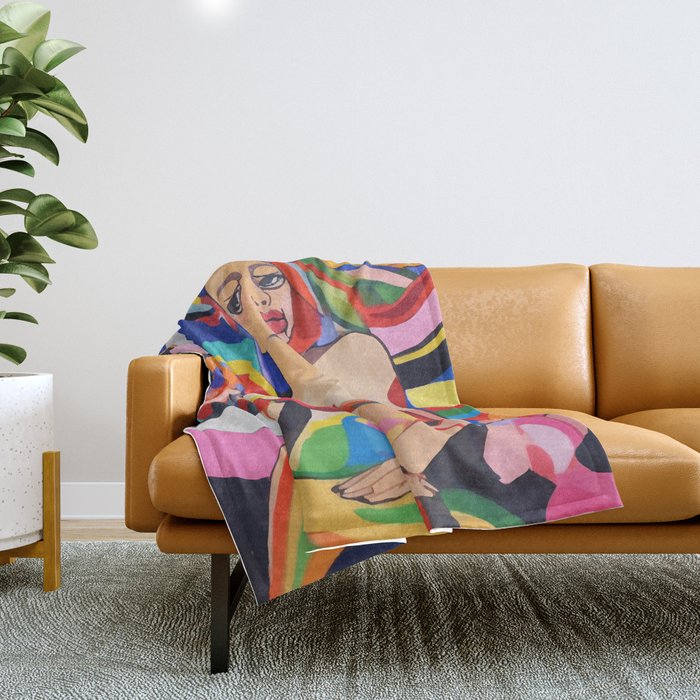 The Feminist, Women Rights Abstract Portrait Eclectic Painting, Modern Bohemian Brown Woman Nude Colorful Throw Blanket Gallery Image 1