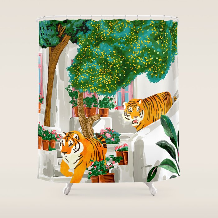Tigers in Greece | Santorini Travel Architecture, Wildlife Animal Painting | Watercolor Illustration Shower Curtain Gallery Image 1