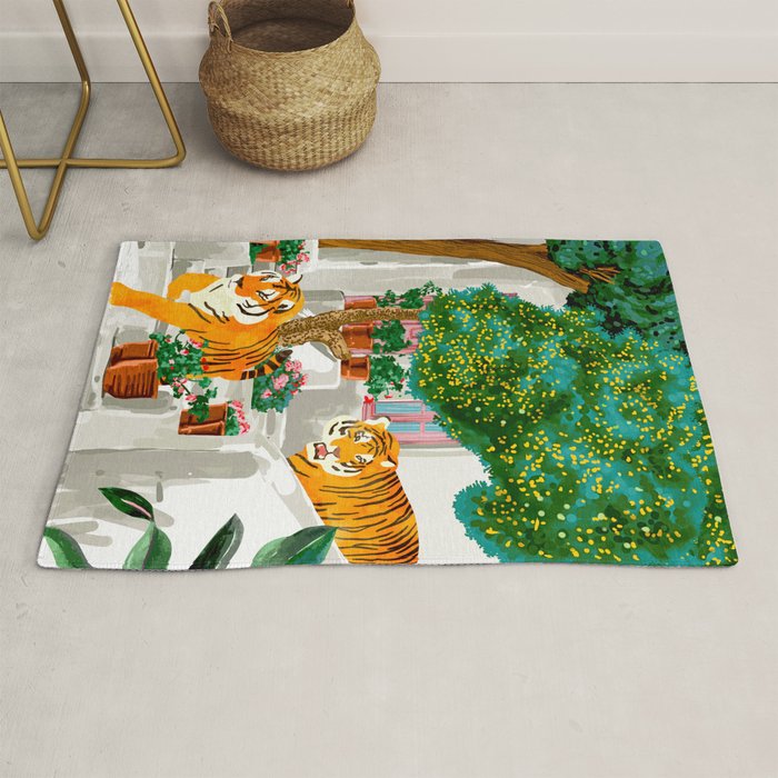 Tigers in Greece | Santorini Travel Architecture, Wildlife Animal Painting | Watercolor Illustration Rug Gallery Image 1
