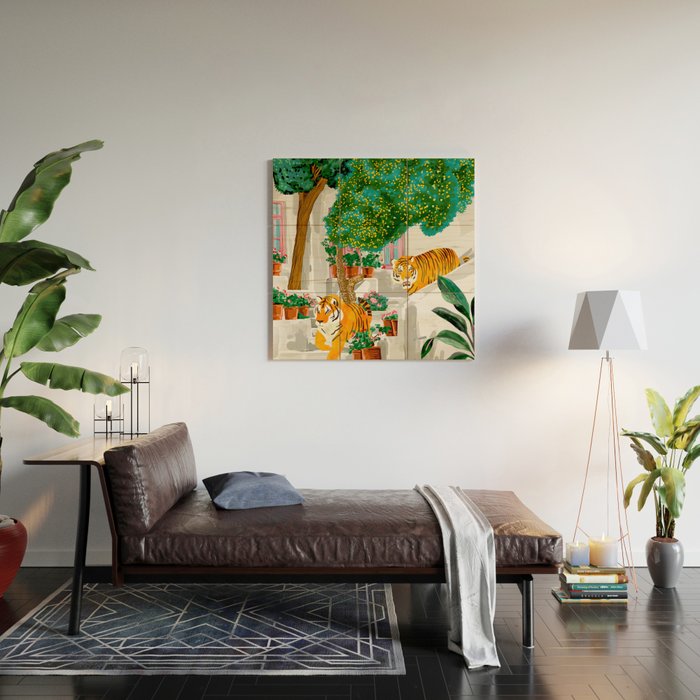 Tigers in Greece | Santorini Travel Architecture, Wildlife Animal Painting | Watercolor Illustration Wood Wall Art Gallery Image 2
