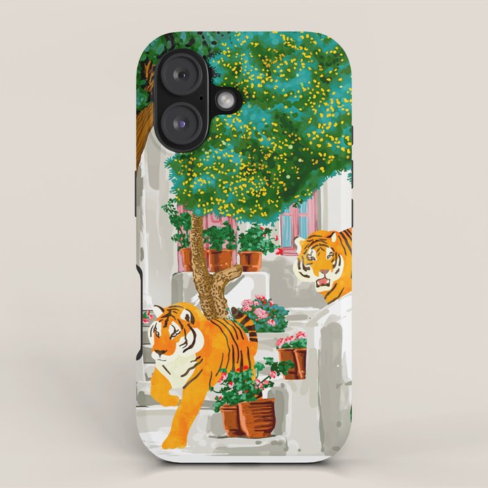 Tigers in Greece | Santorini Travel Architecture, Wildlife Animal Painting | Watercolor Illustration iPhone Case Gallery Image 1