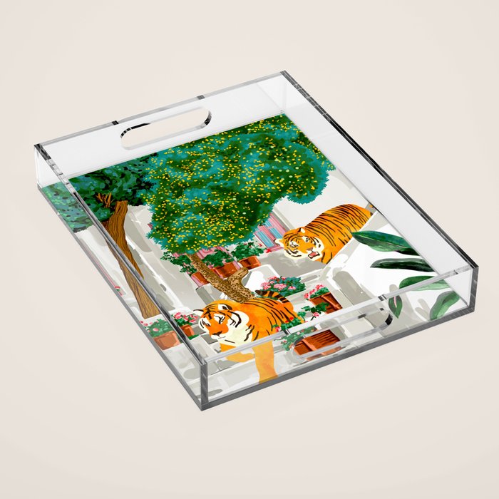 Tigers in Greece | Santorini Travel Architecture, Wildlife Animal Painting | Watercolor Illustration Acrylic Tray Gallery Image 1