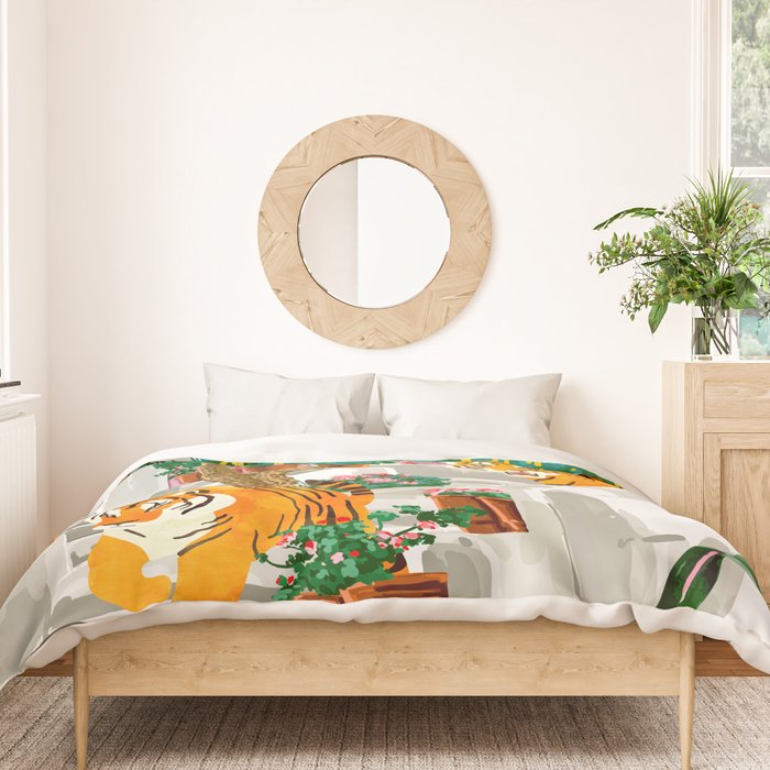 Tigers in Greece | Santorini Travel Architecture, Wildlife Animal Painting | Watercolor Illustration Duvet Cover Gallery Image 3