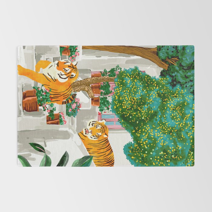Tigers in Greece | Santorini Travel Architecture, Wildlife Animal Painting | Watercolor Illustration Rug Gallery Image 2