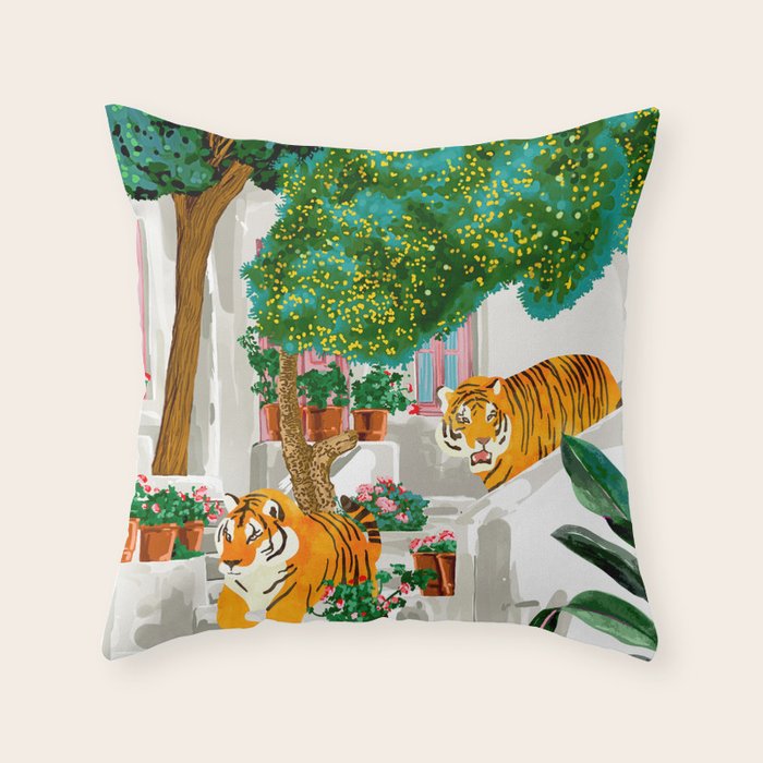 Tigers in Greece | Santorini Travel Architecture, Wildlife Animal Painting | Watercolor Illustration Throw Pillow Gallery Image 6