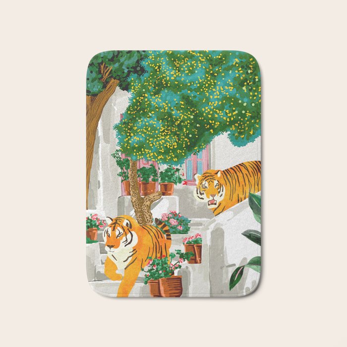 Tigers in Greece | Santorini Travel Architecture, Wildlife Animal Painting | Watercolor Illustration Bath Mat Gallery Image 1