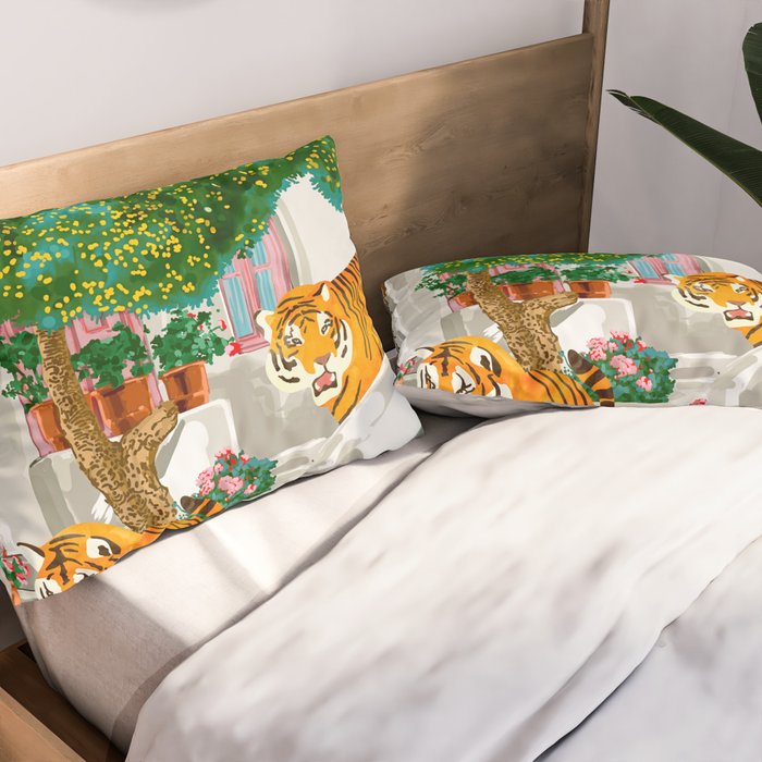 Tigers in Greece | Santorini Travel Architecture, Wildlife Animal Painting | Watercolor Illustration Pillow Sham Gallery Image 2