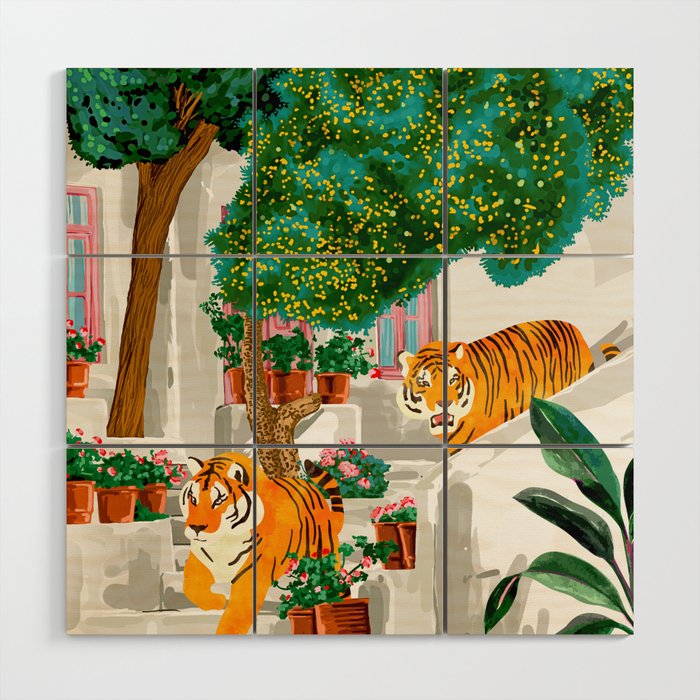 Tigers in Greece | Santorini Travel Architecture, Wildlife Animal Painting | Watercolor Illustration Wood Wall Art Gallery Image 1