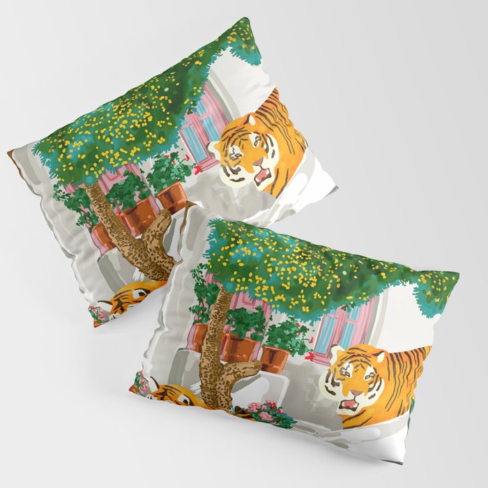 Tigers in Greece | Santorini Travel Architecture, Wildlife Animal Painting | Watercolor Illustration Pillow Sham Gallery Image 1