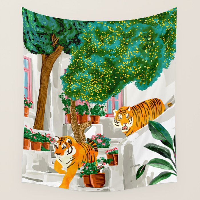 Tigers in Greece | Santorini Travel Architecture, Wildlife Animal Painting | Watercolor Illustration Wall Tapestry Gallery Image 4
