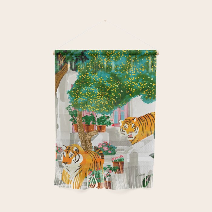 Tigers in Greece | Santorini Travel Architecture, Wildlife Animal Painting | Watercolor Illustration Wall Hanging Gallery Image 1