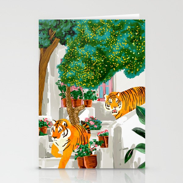 Tigers in Greece | Santorini Travel Architecture, Wildlife Animal Painting | Watercolor Illustration Stationery Card Gallery Image 1