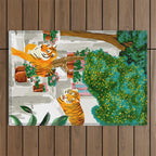 Tigers in Greece | Santorini Travel Architecture, Wildlife Animal Painting | Watercolor Illustration Outdoor Rug Gallery Image 1