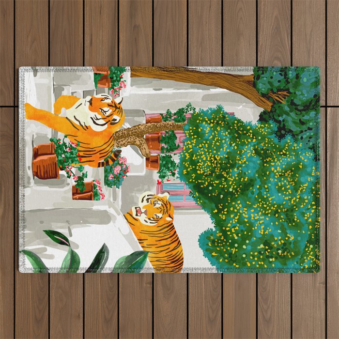 Tigers in Greece | Santorini Travel Architecture, Wildlife Animal Painting | Watercolor Illustration Outdoor Rug Gallery Image 1