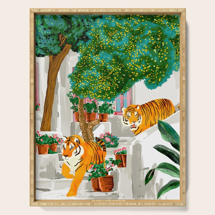 Tigers in Greece | Santorini Travel Architecture, Wildlife Animal Painting | Watercolor Illustration Serving Tray Gallery Image 1