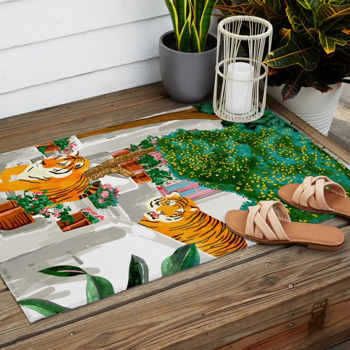 Tigers in Greece | Santorini Travel Architecture, Wildlife Animal Painting | Watercolor Illustration Outdoor Rug Gallery Image 2