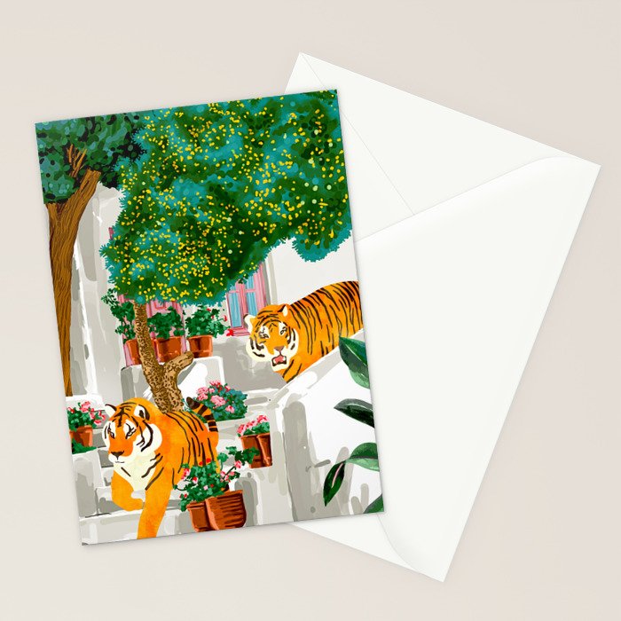 Tigers in Greece | Santorini Travel Architecture, Wildlife Animal Painting | Watercolor Illustration Stationery Card Gallery Image 2