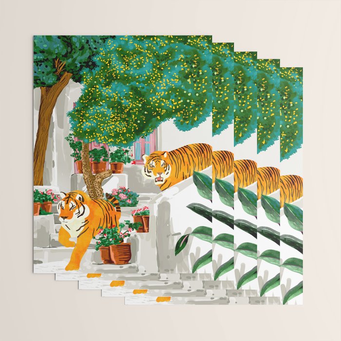 Tigers in Greece | Santorini Travel Architecture, Wildlife Animal Painting | Watercolor Illustration Wrapping Paper Gallery Image 3