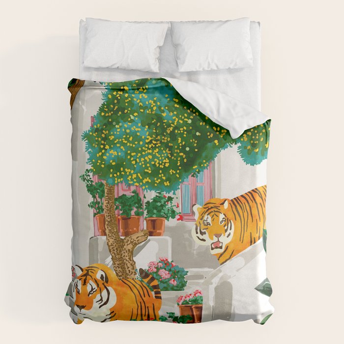 Tigers in Greece | Santorini Travel Architecture, Wildlife Animal Painting | Watercolor Illustration Duvet Cover Gallery Image 1