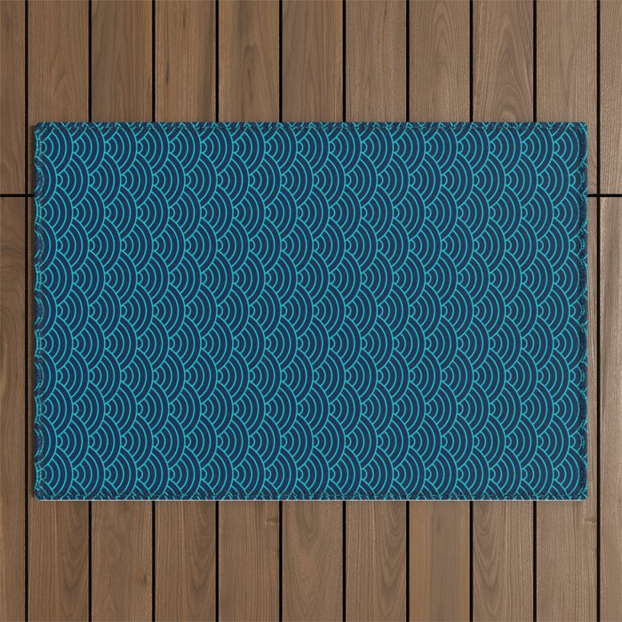Japanese Seigaiha Blue Sea and Waves Outdoor Rug Gallery Image 1